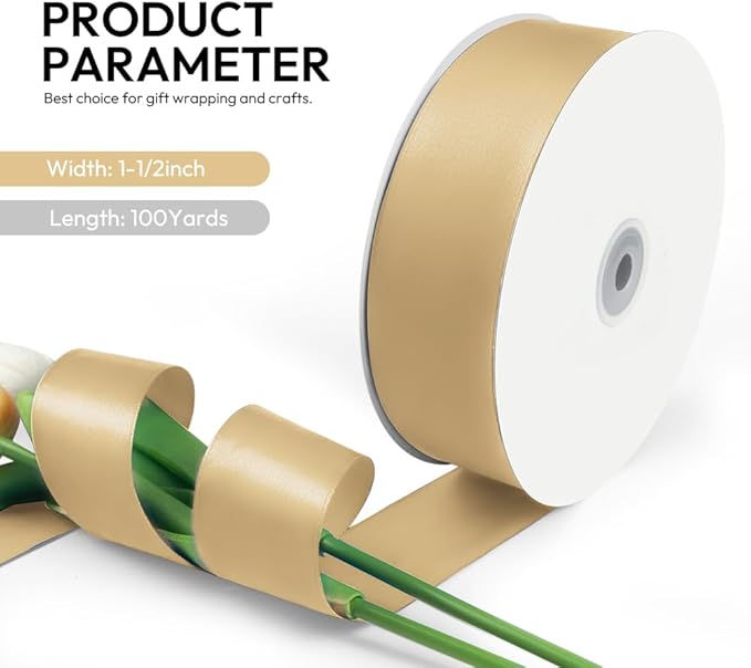 1-1/2 Inch 100 Yards Satin Ribbon Light Gold, Solid Color Fabric Ribbon - Image 2