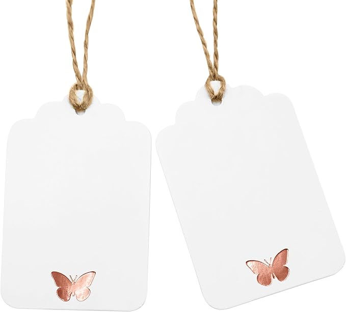 100Pcs Blank Gift Tags with String, Foil Rose Gold Butterfly Large Gift Tags by ASYEHJNR