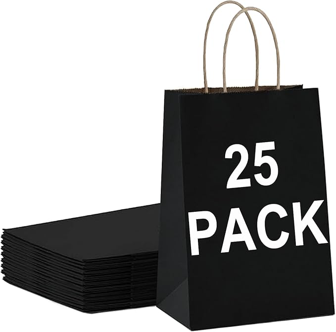 BAG BOX 25 Pack Small 5.9x3.1x8.25 Inch Black Kraft Paper Gift Bags by BAGBOX