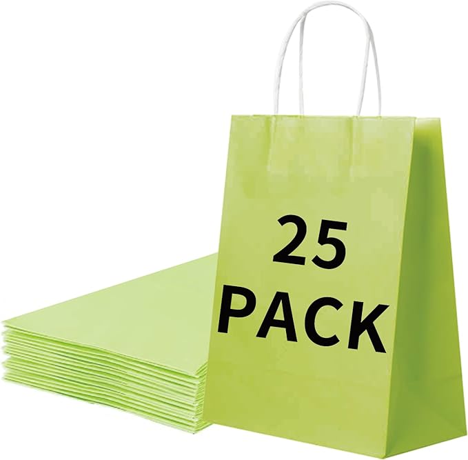 BAG BOX 25 Pack Small 5.9x3.1x8.25 Inch Green Kraft Paper Gift Bags by BAGBOX