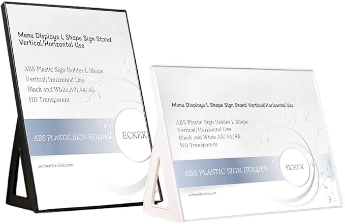 ABS Plastic Sign Holder，Menu Displays L Shape Sign Stand Vertical/Horizontal Use by ECKEK