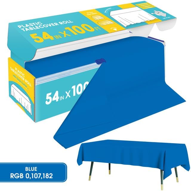 Blue Plastic Table Cover Roll - 54IN x 100FT - Image 2