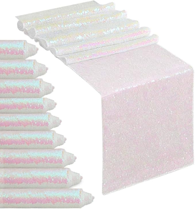 White Iridescent Sequin Table Runners 10 Pieces 12x108 Inches Glitter Table by SoarDream