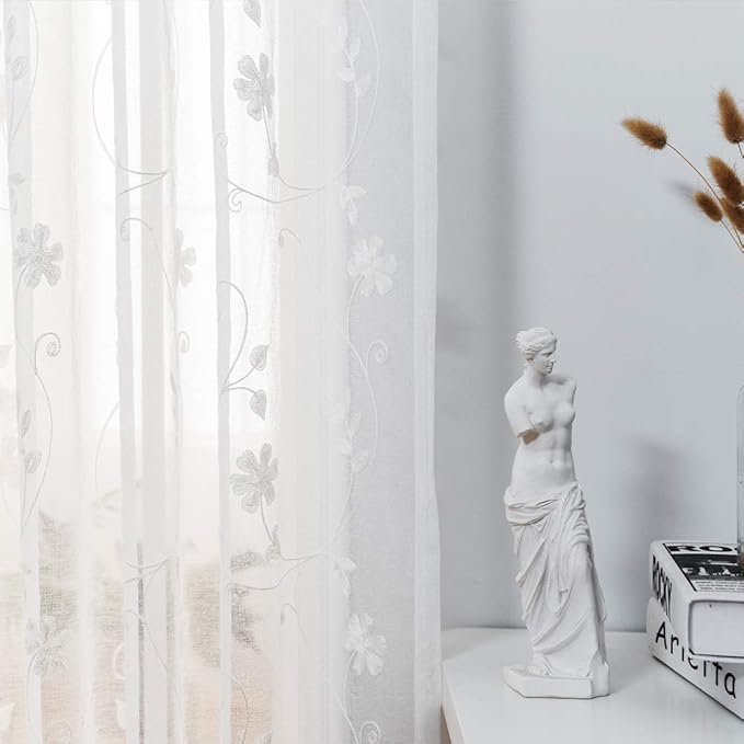 Floral Embroidery Sheer Curtains White 45 Inch Length, Rod Pocket Voile Drapes - Image 3