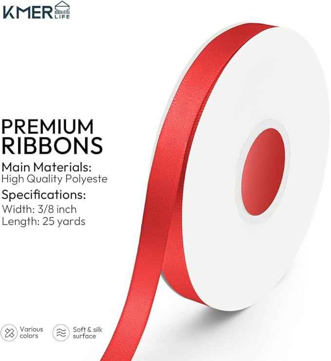 KMER LIFE 3/8 inch x 25 Yards Double Faced Polyester Red Satin Ribbon - Image 2