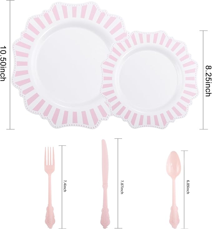 COLOSUS 150pcs Disposable Pink and White Stripped Plastic Plates and Silverware - Image 2