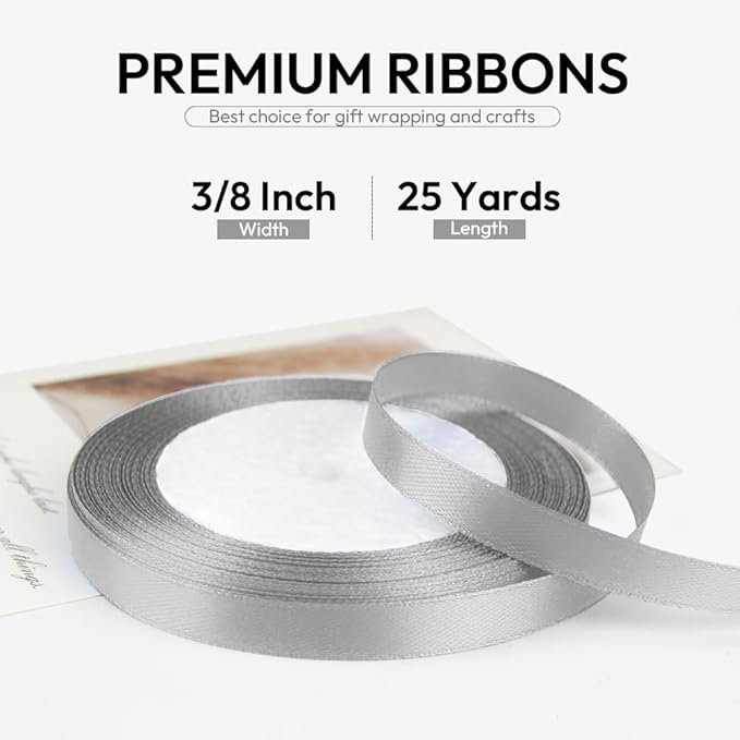 3/8 Inch 25 Yards Satin Ribbon Silver, Solid Color Fabric Ribbon - Image 2