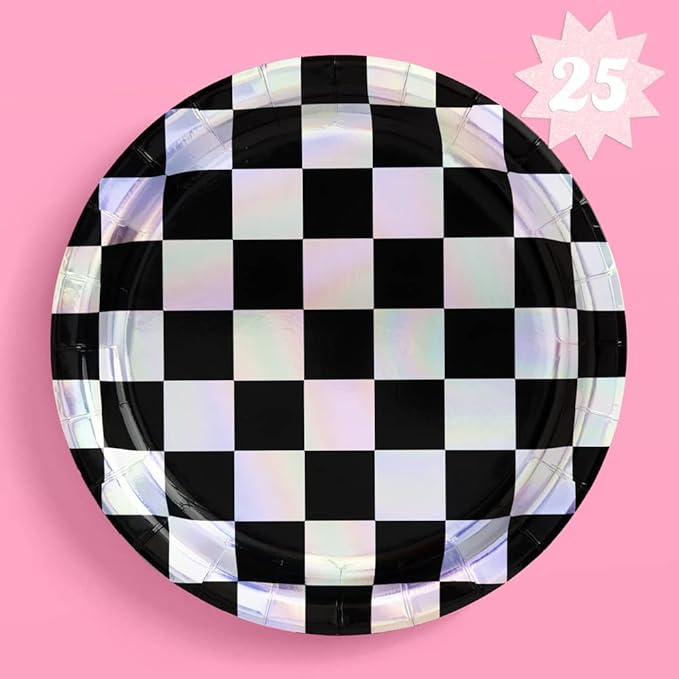 xo, Fetti Black and Iridescent Checker Paper Plates by xoFetti