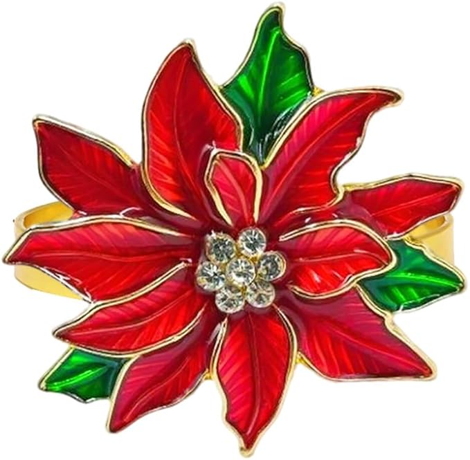 Poinsettia Napkin Rings Set of 6, Xmas Party Red Flower Napkin Holder Buckles - Image 6