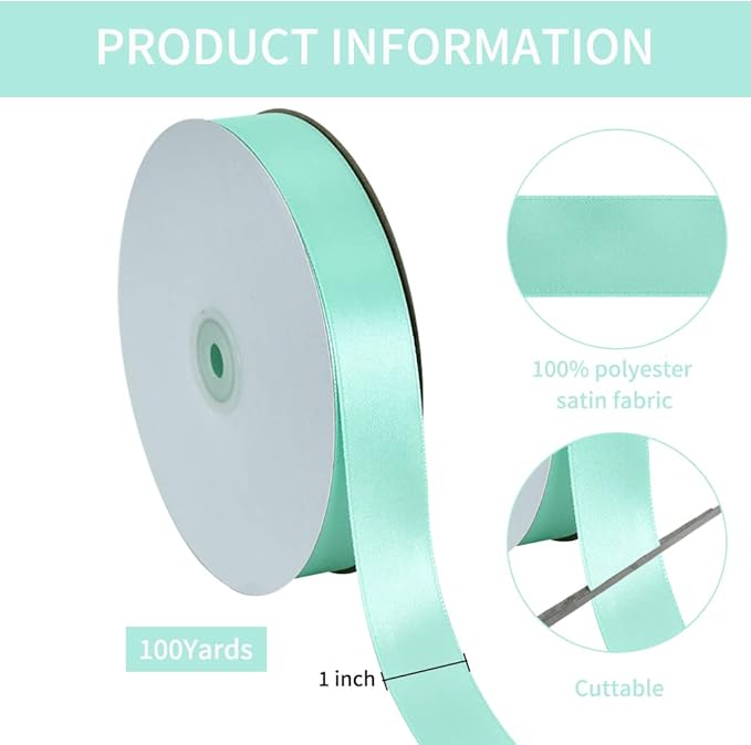 TONIFUL 1 Inch x 100yds Teal Turquoise Blue Satin Ribbon, Thin Solid Color - Image 2