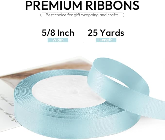 5/8 Inch 25 Yards Satin Ribbon Light Blue, Solid Color Fabric Ribbon - Image 2