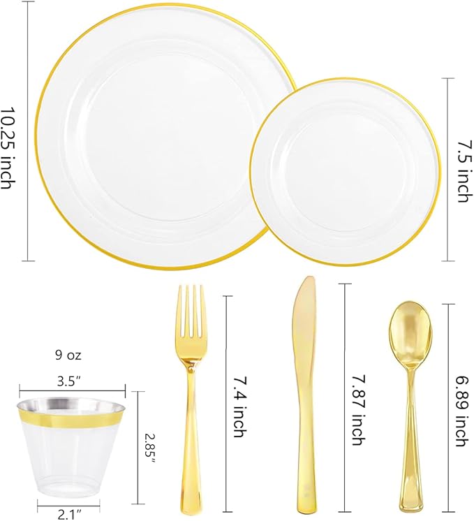 SUT 150 PCS Gold Plastic Plates, Disposable Clear Gold Dinnerware Set - Image 6