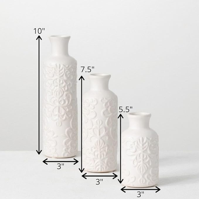 Sullivans Small White Embossed Ceramic Vase Set of 3, Matte Finish, Vases - Image 4