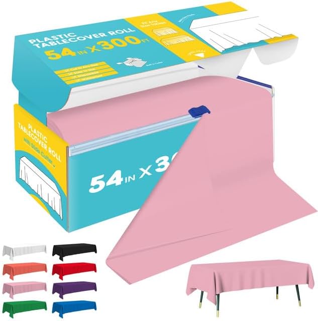 Pink Plastic Table Cover Roll - 54IN x 300FT by Niuara