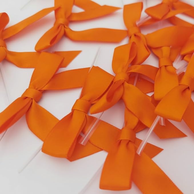 50pcs 2-1/2" Orange Twist Ties Satin Ribbon Bows in Pumpkin Color - Image 6