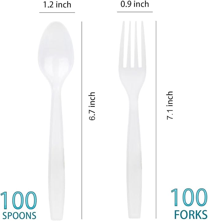 200 Count White Plastic Silverware, Heavy Weight Plastic Forks Spoons - Image 2