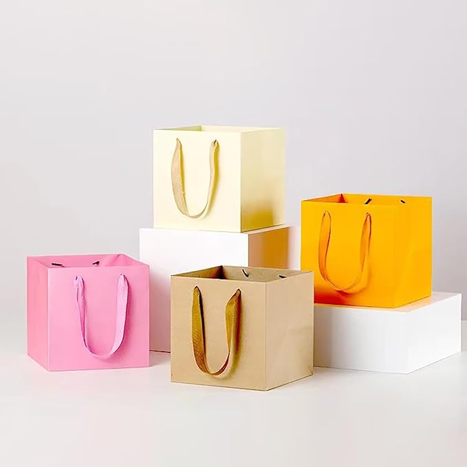 Beige Yellow Paper Gift Bag Small Square Bottom Kraft Carboard Paper Bags - Image 7