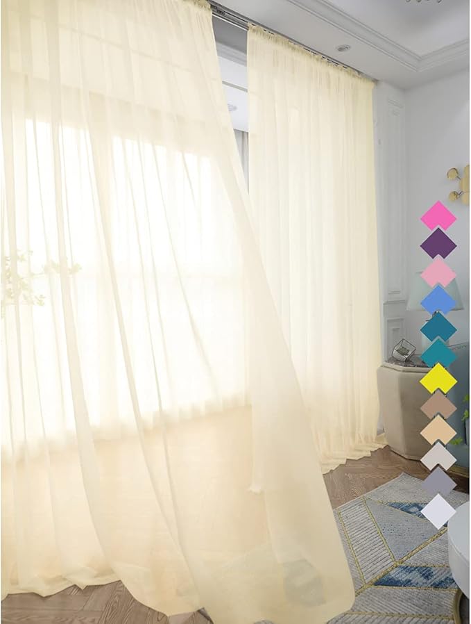 Window Light Yellow Sheer Curtains 108 Inches Long 2 Panels Sheer Curtain Basic by L%26TEC
