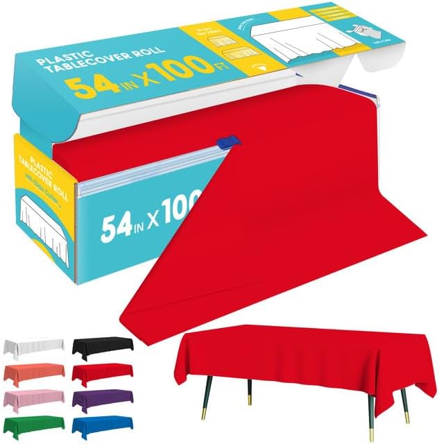 Red Plastic Table Cover Roll - 54IN x 100FT by Niuara