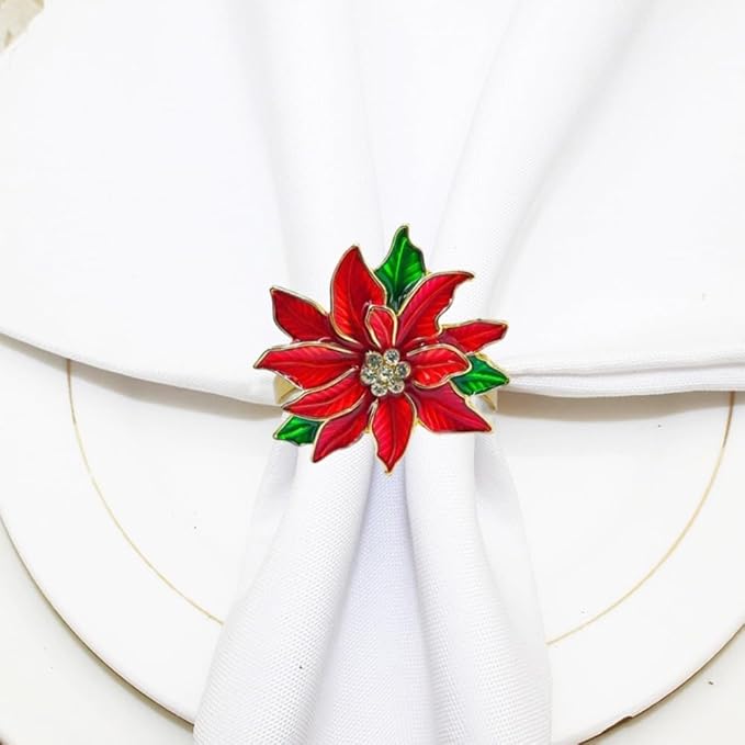 Poinsettia Napkin Rings Set of 6, Xmas Party Red Flower Napkin Holder Buckles - Image 4