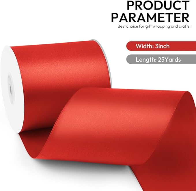 3 Inch 25 Yard Wide Satin Ribbon Red, Solid Fabric Large Ribbon Roll - Image 2