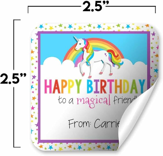 Custom & Personalized Rainbow Unicorn Happy Birthday Gift Tag Sticker Labels - Image 3