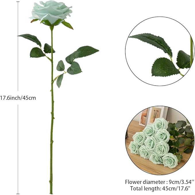 Artificial Rose 10pcs Open Flower Bouquet Sage Green Faux Rose Stems - Image 4