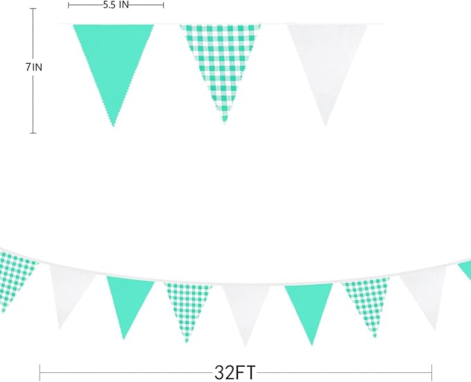 32Ft Aqua Green Plaid Checkered Party Banners Gingham Triangle Pennant Flag - Image 6