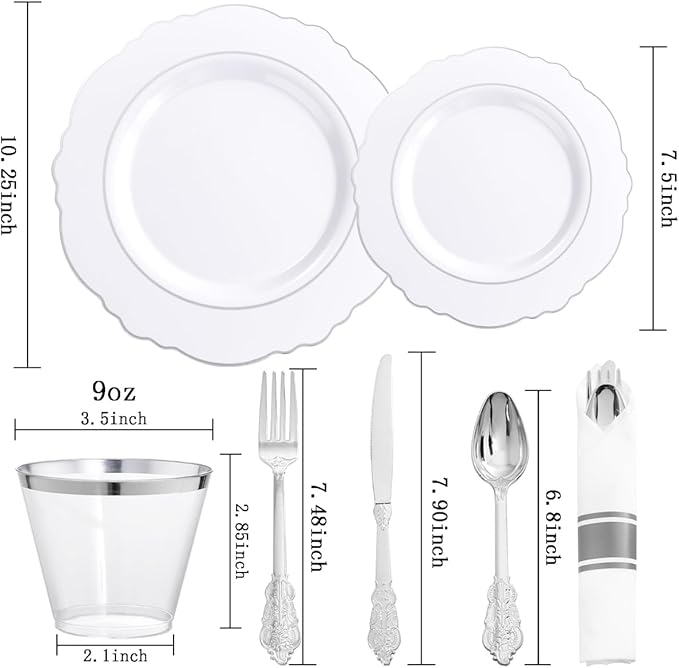 Liacere 350PCS Silver Plastic Plates-Disposable White and Silver Plates 50guest - Image 2