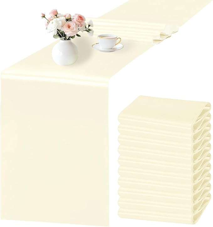 SHEJIZE 10 Pack White Satin Table Runner 12x108 Inches Long, Bright Silky by SHEJIZE