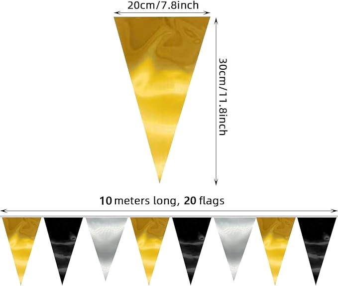 40M/130FT Black Gold Silver Triangle Pennant Banner Flag Metallic Fabric - Image 2