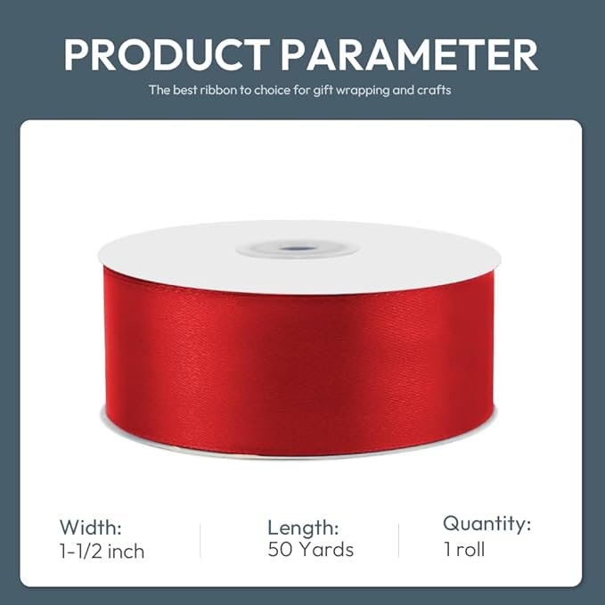 KMER LIFE 1-1/2" Wide x 50 Yards Red Single Faced Polyester Satin Ribbon - Image 2