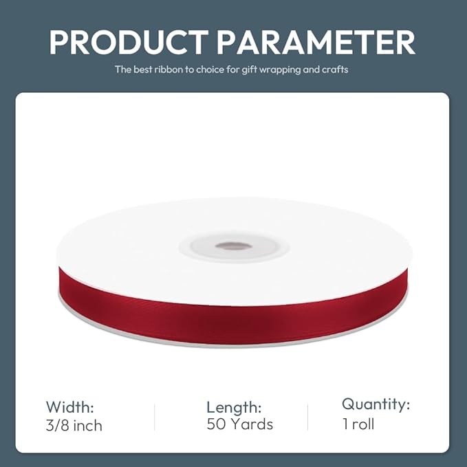 KMER LIFE 3/8" Wide x 50 Yards Wine Red Single Faced Polyester Satin Ribbon - Image 2