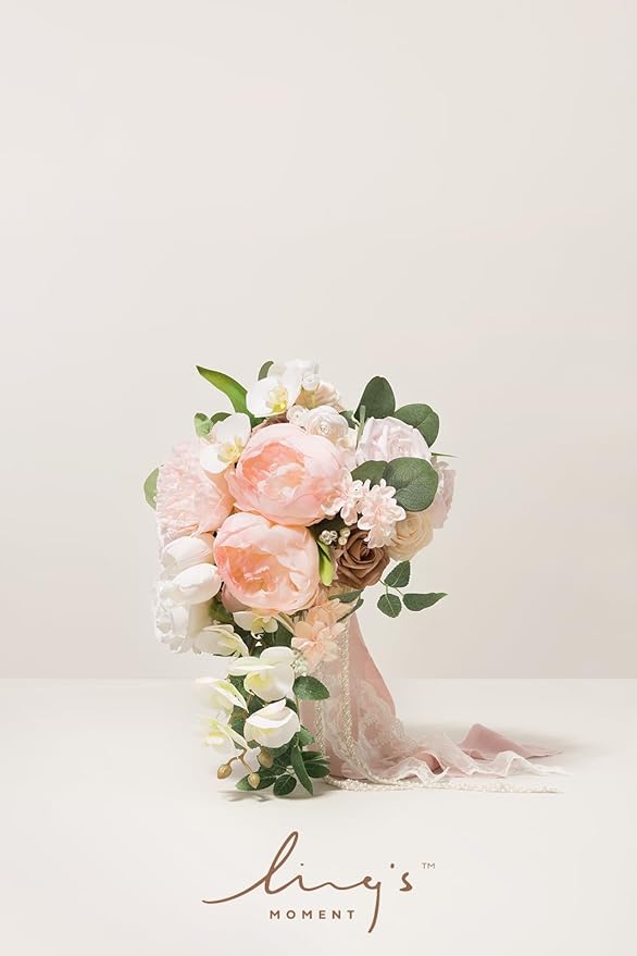 Ling's Moment Blush Bridal Bouquet Cascading, 13 Inch Bride Bouquets - Image 2