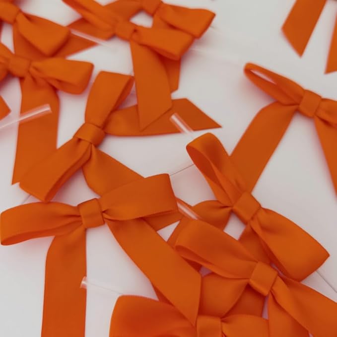 50pcs 2-1/2" Orange Twist Ties Satin Ribbon Bows in Pumpkin Color - Image 9
