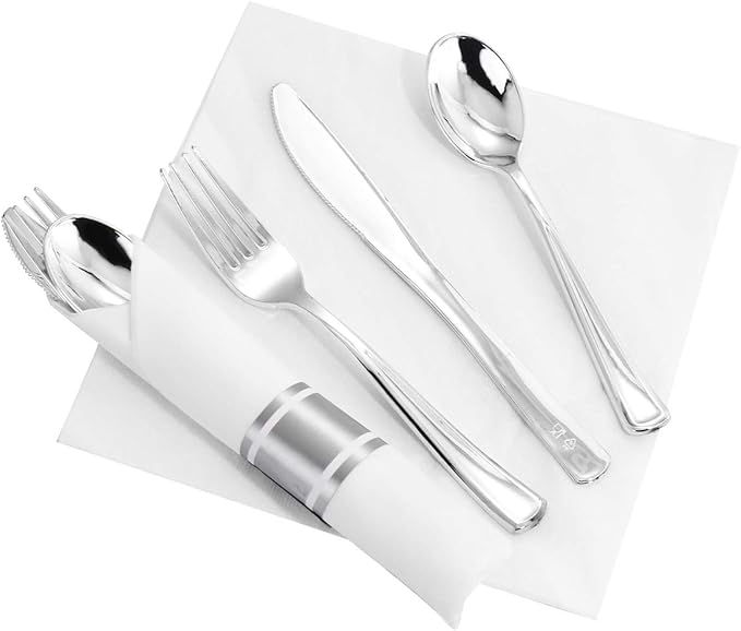 Supernal 60 Pack Silver Plastic Silverware, Pre Rolled Silverware, Premium - Image 3