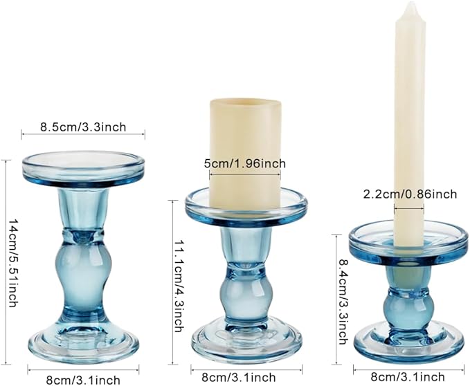3-Piece Set of Blue Glass Candlestick, Crystal Candlestick Holder Holder and - Image 2
