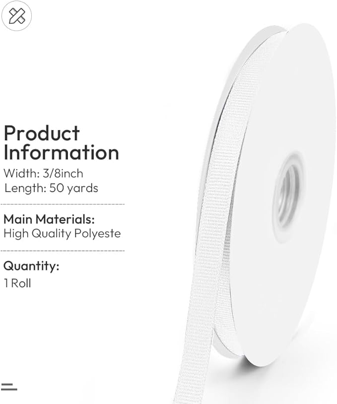 3/8" X 50 Yards White Grosgrain Ribbon, Premium Grosgrain Ribbon - Image 2