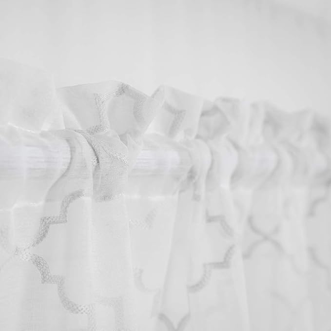 Sheer Curtains White 63 Inches, Embroidered Moroccan Tile Lattice Design Rod - Image 3