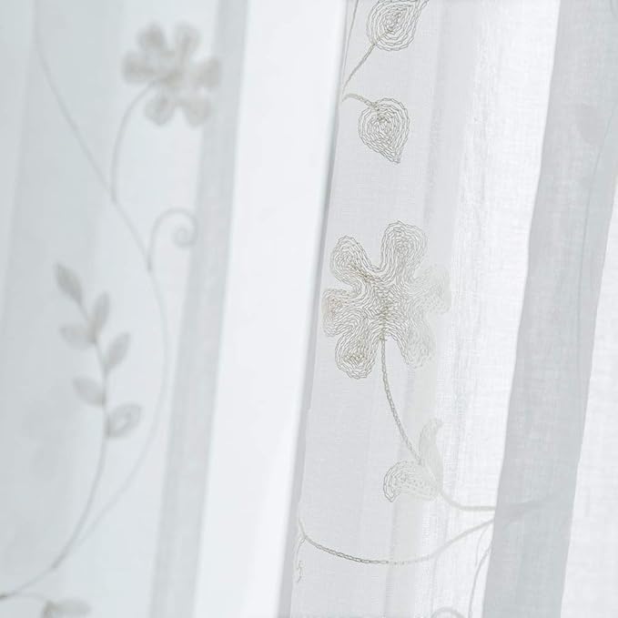 Sheer Curtains White 95 Inches Embroidered Floral, Window Treatments Rod Pocket - Image 7