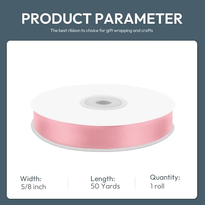 KMER LIFE 5/8" Wide x 50 Yards Pink Single Faced Polyester Satin Ribbon - Image 2