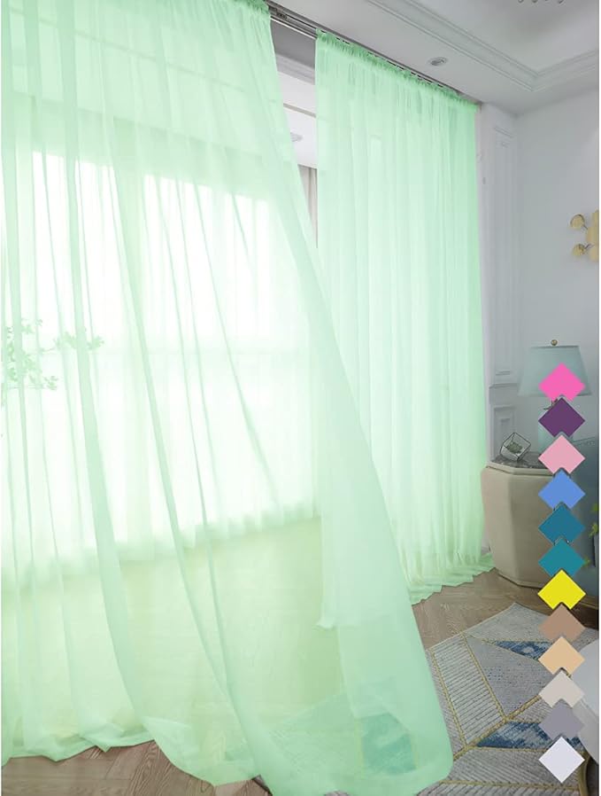 Window Light Green Sheer Curtains 108 Inches Long 2 Panels Sheer Curtain Basic by L%26TEC
