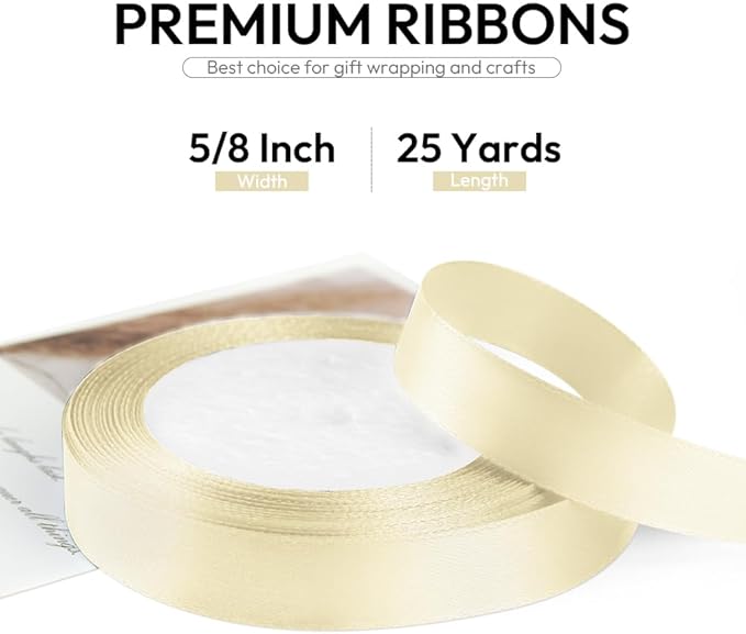 5/8 Inch 25 Yards Satin Ribbon Ivory, Solid Color Fabric Ribbon - Image 2