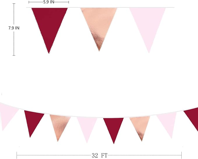 Burgundy Party Decorations Rose Gold Maroon Pink Fabric Triangle Pennant Banner - Image 2