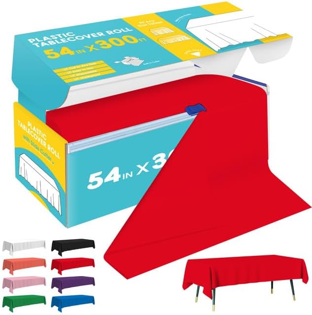 Red Plastic Table Cover Roll - 54IN x 300FT by Niuara