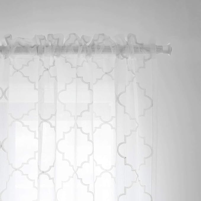 Sheer Curtains White 63 Inches, Embroidered Moroccan Tile Lattice Design Rod - Image 4