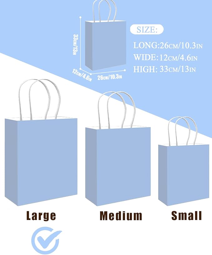 qiqee 50-Packs Light Blue Paper Gift Bags - Image 3