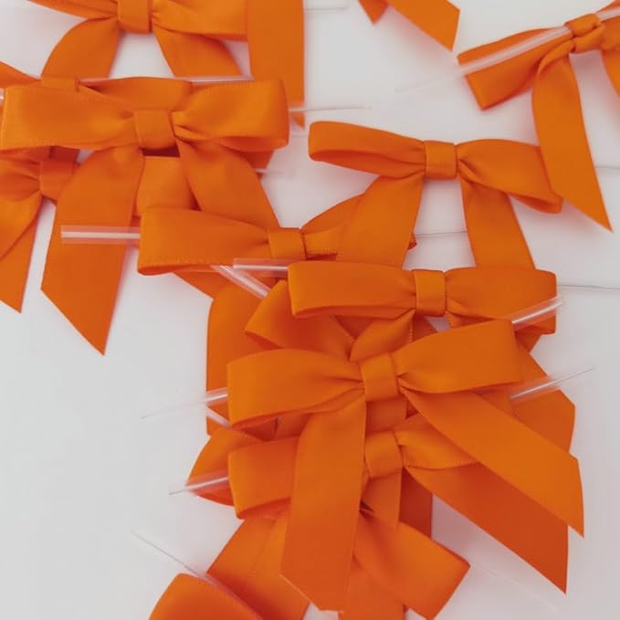 50pcs 2-1/2" Orange Twist Ties Satin Ribbon Bows in Pumpkin Color - Image 5