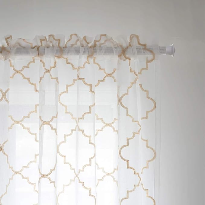 Embroidered Moroccan Tile Lattice Design Gold Sheer Curtains 84 Inch Long - Image 3