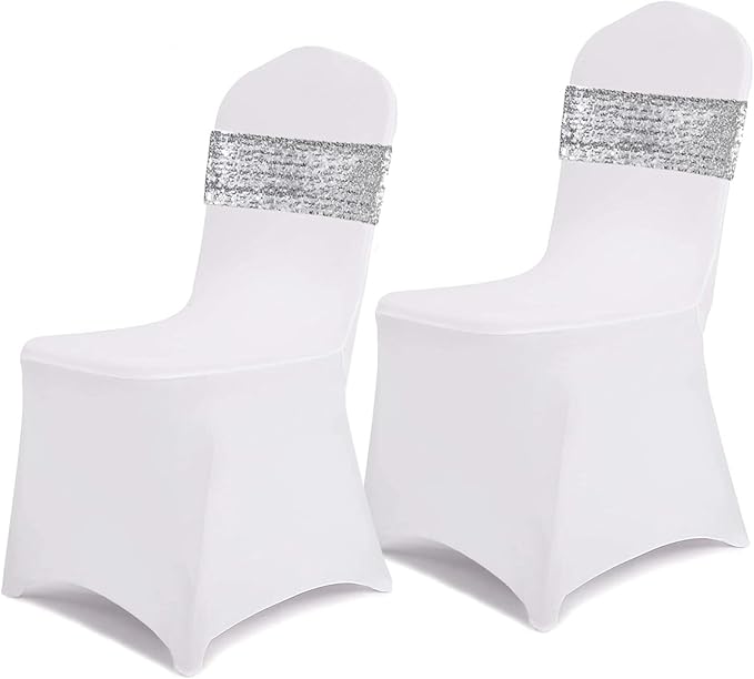 SquarePie Pack of 100 Chair Sashes Bows Sparkly Silver Sequin Chair Bands - Image 3